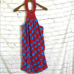 Southern Frock Beaded Halter-Style Vibrant Red & Blue Dress Size Medium New
